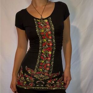 Free People Black Tee with Vibrant Floral Accents
